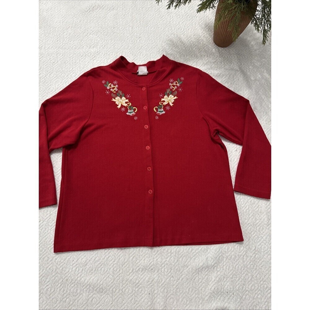 BonWorth Long sleeve button front crew neck cranberry cardigan w/ embroidery XL